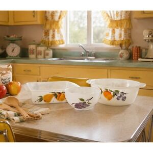 VTG Fire King Gay Fad Fruit Milk Glass Bakeware Set 3pc Square Pan Round Bowl